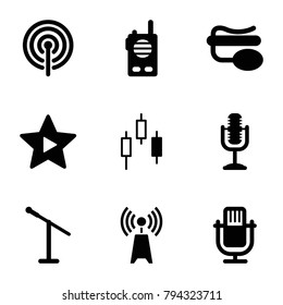 Radio icons. set of 9 editable filled radio icons such as microphone, control panel, pin microphone, favorite music, signal, walkie talkie