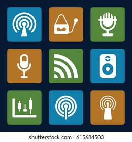 Radio icons set. set of 9 radio filled icons such as signal, microphone, wi-fi, speaker