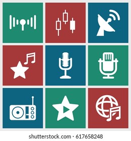 Radio icons set. set of 9 radio filled icons such as radio, microphone, favorite music, international music, signal, satellite