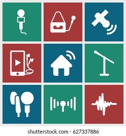 Radio icons set. set of 9 radio filled icons such as microphone, music equalizer, phone and earphones, signal, satellite