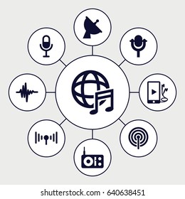 Radio icons set. set of 9 radio filled icons such as satellite, microphone, music equalizer, phone and earphones, international music, signal