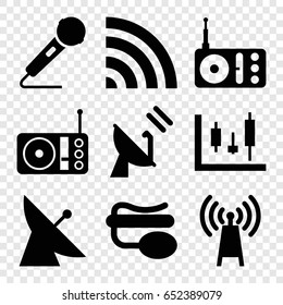 Radio icons set. set of 9 radio filled icons such as satellite, radio, pin microphone, wi-fi, microphone, transmitter