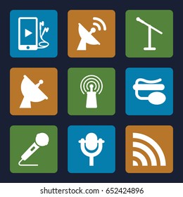 Radio icons set. set of 9 radio filled icons such as satellite, signal, pin microphone, wi-fi, microphone