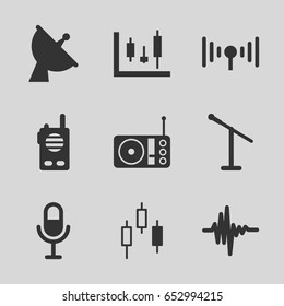 Radio icons set. set of 9 radio filled icons such as satellite, microphone, radio, music equalizer, signal, walkie talkie, panel control