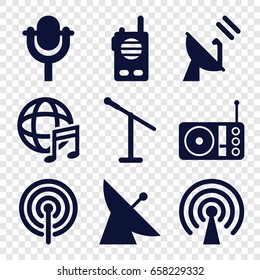 Radio icons set. set of 9 radio filled icons such as satellite, microphone, radio, international music, signal
