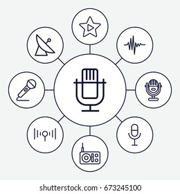 Radio icons set. set of 9 radio outline icons such as satellite, microphone, music equalizer, favorite music, signal