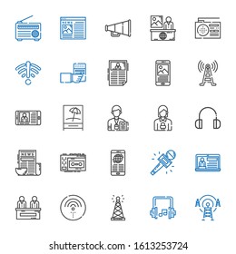 radio icons set. Collection of radio with antenna, headphones, wifi, news, journalist, recorder, news reporter, signal, signal tower, speaker. Editable and scalable radio icons.