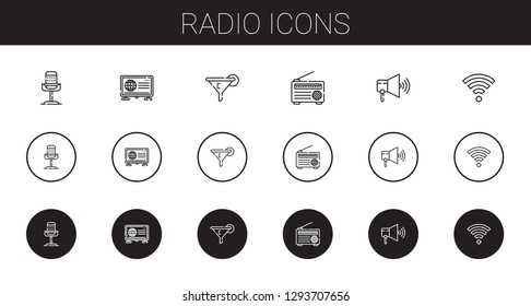 radio icons set. Collection of radio with microphone, news, filter, speaker, wifi. Editable and scalable radio icons.