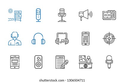radio icons set. Collection of radio with microphone, news, journalist, speaker, radar, headphones, news reporter, voice recorder, signal. Editable and scalable radio icons.