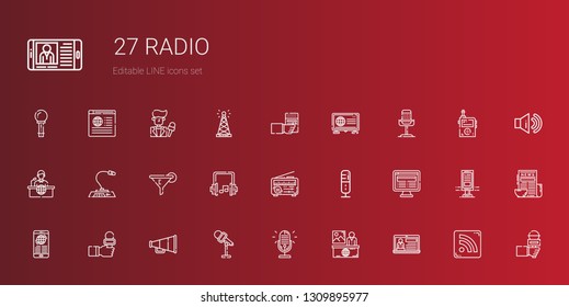 radio icons set. Collection of radio with news, microphone, speaker, news reporter, headphones, filter, news report, rss feed, billboard, sound. Editable and scalable radio icons.