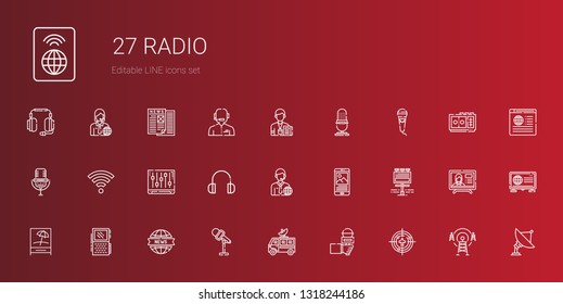 radio icons set. Collection of radio with radar, microphone, satellite dish, news report, voice recorder, signal, billboard, news, news reporter. Editable and scalable radio icons.