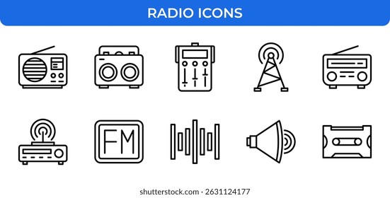 Radio Icons Set. Receiver, boombox, equalizer, antenna, FM signal, cassette, and more. Editable stroke.