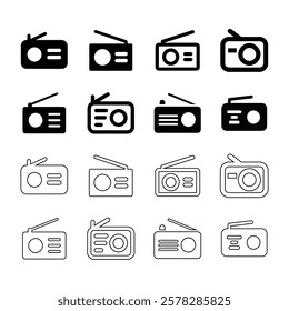 radio icons set simple clean and smooth line and fill vector icons in black on a white background.
