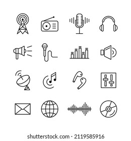 Conjunto de vectores de iconos de radio. Colección de iconos de la música vectorial de línea.