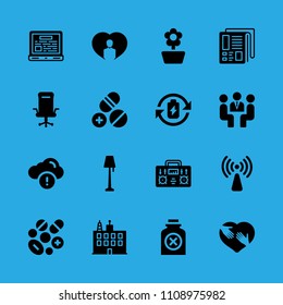 radio, information, shaking hands inside a heart, pills, flower, lamp, meeting, battery and pills vector icon. Simple icons set