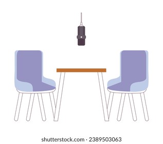 Estudio de entrevista de radio grabando el objeto de dibujos animados 2D de la sala de grabación. Cómodas sillas de escritorio con micrófono colgante aislado elemento vectorial fondo blanco. Muebles, tecnología color de la ilustración de manchas planas