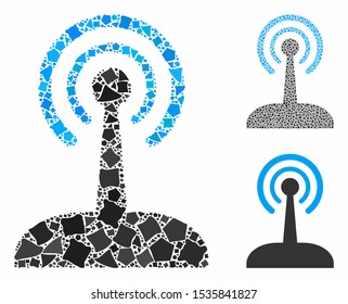 Radio joystick composition of rugged pieces in different sizes and color hues, based on radio joystick icon. Vector tremulant items are composed into composition.