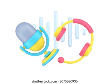 Radio leading, hosting podcast, online live streaming musical media interview 3d icon isometric vector illustration. Retro microphone, headphones and voice sound wave isolated. Listening music