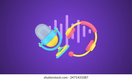 Radio leading, hosting podcast, online live streaming musical media interview 3d icon isometric vector illustration. Retro microphone, headphones and voice sound wave isolated. Listening music