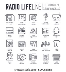 Radio life day thin line collection icon set. Old school tv equpment and workspace in office with Dj presenter man and woman illustration. Vector outline media vintage technology in fm studio