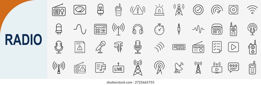 radio line icon set for broadcasting station and wireless audio communication vector