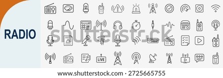 radio line icon set for broadcasting station and wireless audio communication vector
