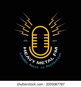 Radio logo. Flat logo of a microphone surround by 4 lightnings strike on each side depicting loudest speaker, with ‘Heavy Metal FM’ arc lower text and ‘Louder Music is Perfection’ as tagline. EPS8