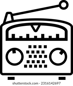 Radio. Logo oder Symbol. Einfaches Vektorbild. Vintage Radio mit manueller Tuning und Antenne. Schwarze Linien auf transparentem Hintergrund.