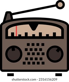 Radio. Logo or icon. A simple vector image. Vintage radio with manual tuning and antenna. With red wave frequency indicator. Black lines and brown fill.