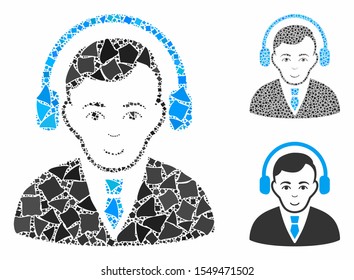 Radio manager mosaic of rough items in different sizes and color tints, based on radio manager icon. Vector rough items are grouped into collage. Radio manager icons collage with dotted pattern.