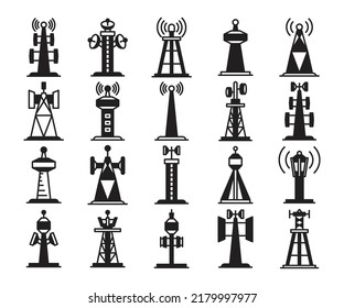 radio mast and signal icons set