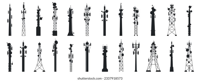 Radio mast silhouettes. Outline broadcast antenna towers, communication technology technology equipment. Vector set of radio black silhouette transmitter illustration