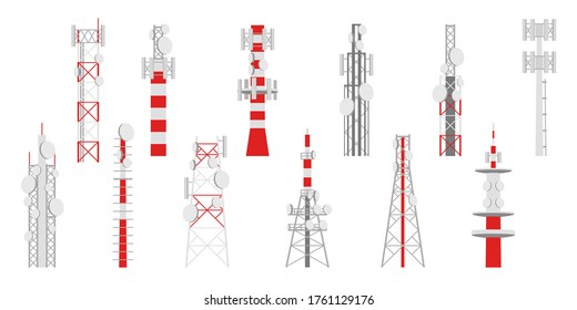 Radio masts. Telecom transmitter towers, television or internet and broadcasting antenna telecommunication satellite signal network, vector isolated set