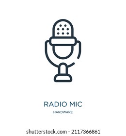 icono de línea delgada del micrófono de radio. estudio, iconos radilineales del concepto de hardware, signo de contorno aislado. Elemento de símbolo de ilustración vectorial para diseño web y aplicaciones.