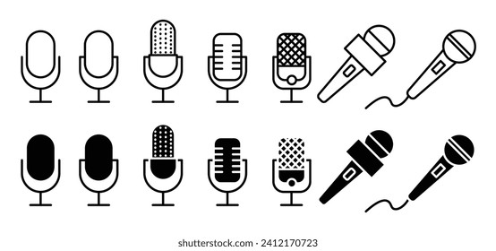 radio mic vector icon set. podcast interview voice record microphone vector symbol. mike button. speaker speech vintage  mic sign. singer music concert mike icon collection.