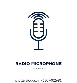 icono de micrófono de radio de la colección de tecnología. Micrófono de radio lineal delgado, sonido, icono de contorno de radio aislado en fondo blanco. Señal de micrófono de radio vectorial de línea, símbolo para web y móvil