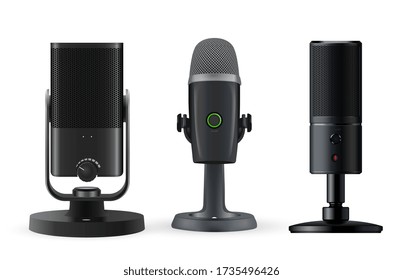 Radio microphone isolated. Realistic mic vector set. Three radio mike stand on white background.