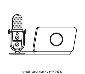 radio microphone retro with laptop vector illustration design