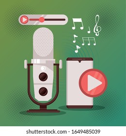 radio microphone retro with smartphone and play button vector illustration design