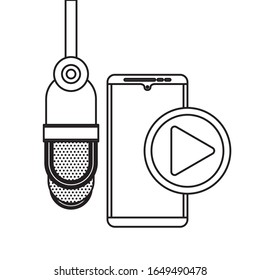 radio microphone retro with smartphone and play button vector illustration design