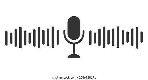 Radio microphone and sound wave. Podcast, voice record, online concert, studio recording concept icon isolated on white background. Vector graphic illustration.