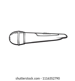 Radio microphone, vector line art sketch illustration isolated on white background