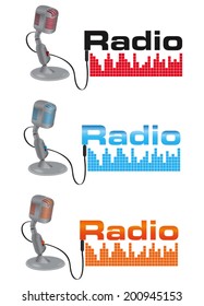 Radio microphones with audio waves. Different colors