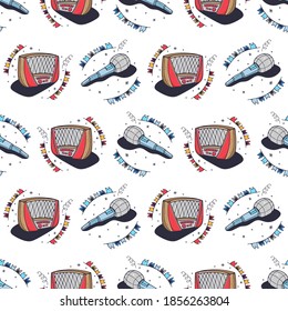 Radio and microphones. Seamless pattern on a white background. Cute vector illustration.