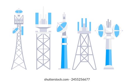 Radio, Mobile tower and antennas. Internet network. Communication towers set. Satellite antenna