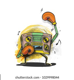 Radio music box wearing boxing gloves fighting, concept of the competition of music.