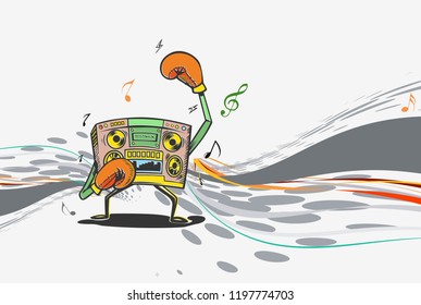 Radio music box wearing boxing gloves fighting, concept of the competition of music.