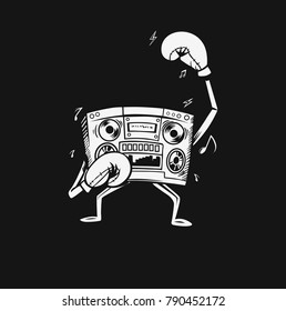 Radio music box wearing boxing gloves fighting, concept of the competition of music.