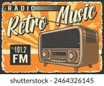 Radio music colorful vintage poster with retro receiver for listening to hits of 70s in grunge style vector illustration