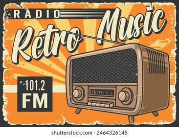 Radio music colorful vintage poster with retro receiver for listening to hits of 70s in grunge style vector illustration